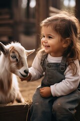 A thrilled toddler at a petting zoo, gently patting a baby goat, with both displaying curiosity and joy in their eyes, copy space