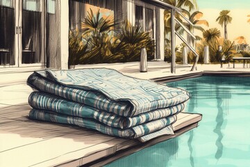 Illustration of towels by a pool. Generative AI