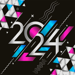 2024 new year banner with silver black background. happy new year greeting card cover with shiny, silver color waves lines light triangles. Premium Elite royal elegant 2024 design pink blue. Vector.