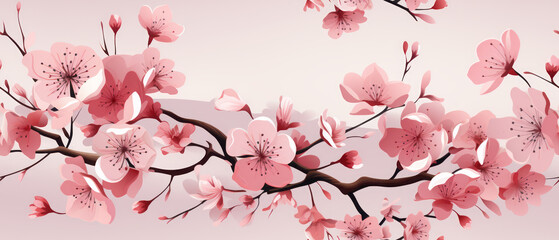 Blossoming branch with pink flowers blue background.	
