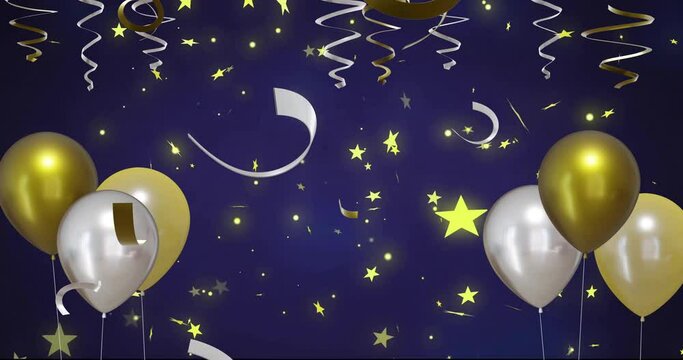 Animation of gold and silver balloons with party streamers over blue background