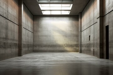 A vacant dim indoor space with concrete walls. It represents urban architectural surroundings. Generative AI