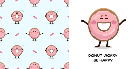 Happy Donut in cartoon style for designing baby clothes. Postcard with Pink Doughnut and seamless pattern, lettering. Cartoon Bohemian nursery print. Kids design for pajamas. Vector illustration.