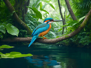Obraz premium The common kingfisher, also known as the Eurasian kingfisher and river kingfisher, is a small kingfisher with seven subspecies recognized within its wide distribution across Eurasia and North Africa.