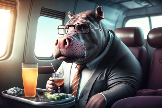 Hippo businessman flies in a business jet. Generative AI	
