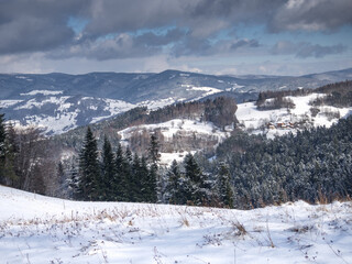Beskids Mountains in winter. Nearby Piwniczna-Zdroj, Poland.