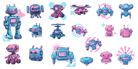 Hologram Neon lo-fi Blue and Pink Drone Robots Sticker Set, Generative AI Artwork