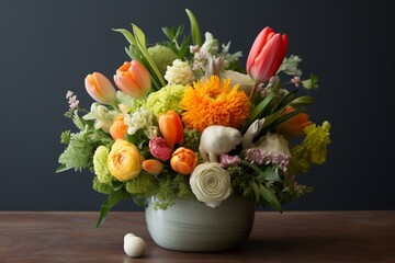 Easter-themed arrangement featuring egg, bunny, and vibrant blooms. Generative AI