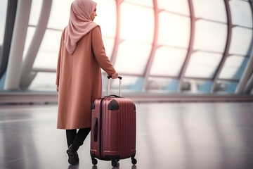 Smiling young adult Muslim traveler woman in an airport with suitcase. Neural network generated image. Not based on any actual scene or pattern. - obrazy, fototapety, plakaty