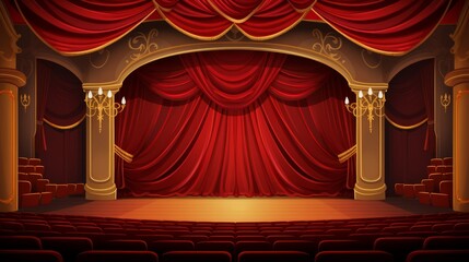 Theater interior with red curtains and seats. Vector - obrazy, fototapety, plakaty