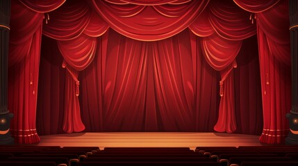 Theater interior with red curtains and seats. Vector