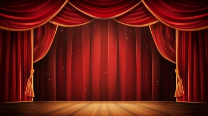 This is a stock vector illustration of a theatrical stage with vibrant red curtains and a wooden floor. It represents a classic and timeless theater setting