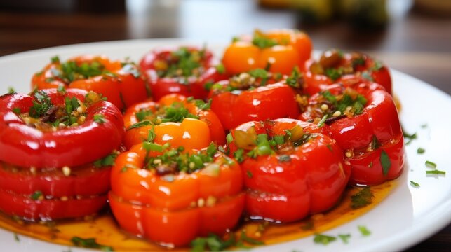 This appetizer is a Turkish dish known as "sirkeli koz kırmızı biber mezesi," which translates to Roasted Pepper Salad Appetizer. It typically consists of roasted red peppers marinated
