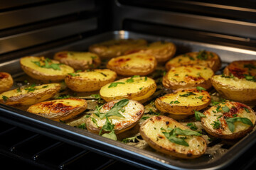 Dish from the oven roasted potatoes with butter, basil and spices close up