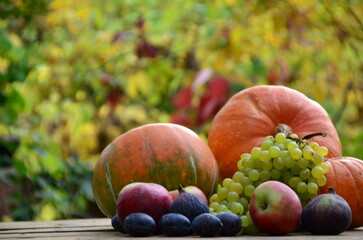 Assortment of fruits, grapes and nuts. Autumn seasonal harvest. pumpkin apples, red, yellow leaves. food still life with season fruits. Thanksgiving day, Halloween decoration fall design