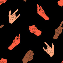 Colorful Hands in different gestures seamless pattern. Fig, goat, clenched fist, peace, middle finger sign. Hand drawn vector illustration isolated on black background.