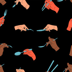 Colorful Hands holding cutlery seamless pattern. Hands with fork, knife, tablespoon, teaspoon, Chinese chopsticks. Different gestures. Hand drawn vector illustration isolated on black background.