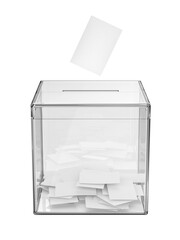Voting paper and transparent ballot box on white background