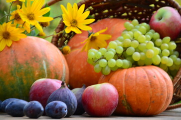 Obraz na płótnie Canvas Assortment of fruits, grapes and nuts. Autumn seasonal harvest. pumpkin apples, red, yellow leaves. food still life with season fruits. Thanksgiving day, Halloween decoration fall design