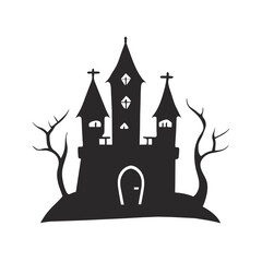Halloween haunted house vector illustration, castle, dead tree