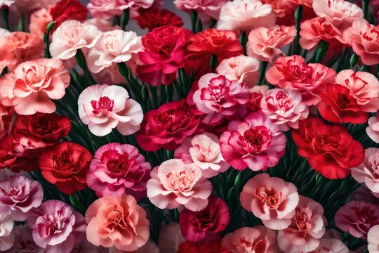 Create an AI-generated picture of a small containing a variety of miniature carnations in different shades