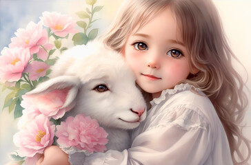 Little girl hugging little lamb