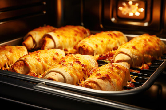 Delicious chicken chimichangas baking in the oven close up