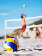 Beach floor, sand and volleyball for sports game, competition or outdoor nature challenge, practice or fitness. Ground, player workout and volley ball for summer match, exercise or athlete contest