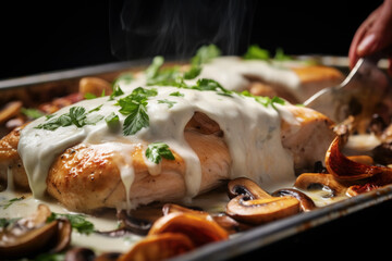 Chicken breast with white sauce and mushrooms roasting in the oven close up