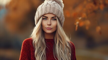  a woman with long blonde hair wearing a knitted hat.  generative ai