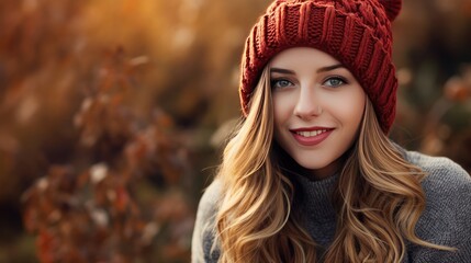  a woman wearing a red knitted hat and smiling at the camera.  generative ai