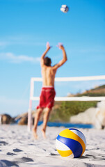 Sand, sports person and volleyball for beach game, competition or outdoor nature challenge,...