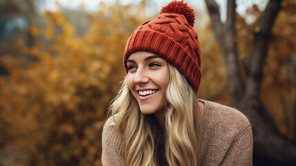  a woman wearing a red hat and smiling at the camera.  generative ai