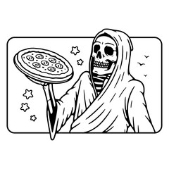 DEADLY DELICIOUS PIZZA GRIM REAPER BLACK WHITE BACKGROUND