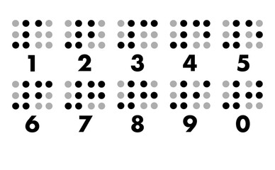 Vector de Set Números de braille en español con fondo blanco para ciegos, portada, libro o poster.