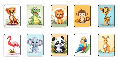 Fototapeta premium Set of Adorable Zoo Animal Flashcards for Kids, generated ai