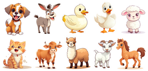 Setr of Adorable Farm Animal Clipart Sticker on transparent Background, png, generated ai