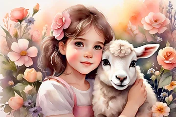 Foto auf Acrylglas Mary with her little lamb watercolor painting © Tatiana Sidorova