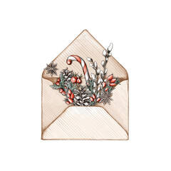Offener Briefumschlag mit Zuckerstange und weihnachtlicher Dekoration aus Naturmaterialien