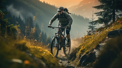 Summer Mountain Adventure: Woman Enjoying a Bike Ride in Forested Landscapes - obrazy, fototapety, plakaty