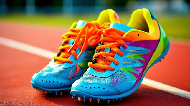 Zapatillas deportivas con tacos y colores llamativos expuestas en una pista de atletismo
