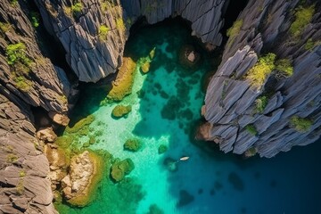 Aerial view of a picturesque cliff landscape with crystal clear turquoise water in El Nido, Palawan, Philippines. Ideal vacation travel spot. Generative AI