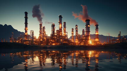 Naklejka premium Twilight at Oil Refinery: Industrial Energy Plant in the Desert for Petroleum Gas Production