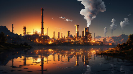 Twilight at Oil Refinery: Industrial Energy Plant in the Desert for Petroleum Gas Production - obrazy, fototapety, plakaty