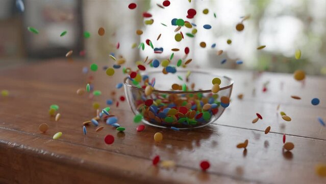 Side view of Chocolate Lentils Falling into a glass Bowl in slow motion