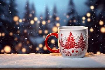 cup of coffee with snowflakes and christmas tree on the wood table with snow bokeh pine background