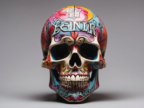 A colorful skull with the word on it on the front