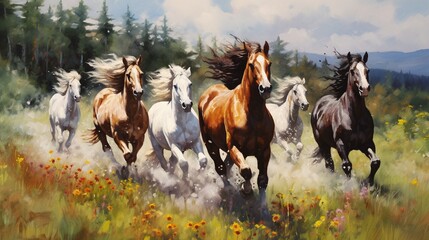 A group of running horses in a field with wildlife. generated by AI tool