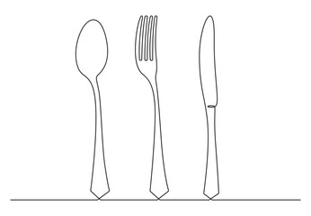 Continuous one line drawing of spoon, fork and knife. Restaurant logo. Isolated on white background vector illustration. Pro vector.
