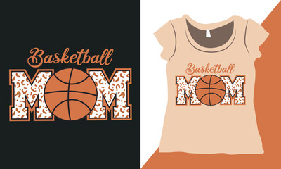 Basketball Mom Patterned Tee Shirt Graphic, Basketball Mom T-Shirt Design Layout, Leopard Patterned Basketball Shirts, Basketball Typography Vector